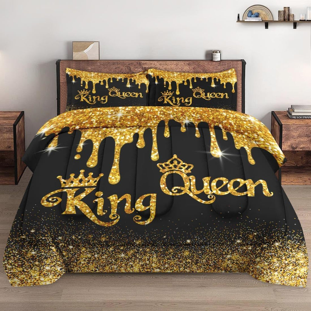 Comforter Set Queen, King Queen Black Gold 3 Pcs Soft Bedding for Kids and Adults