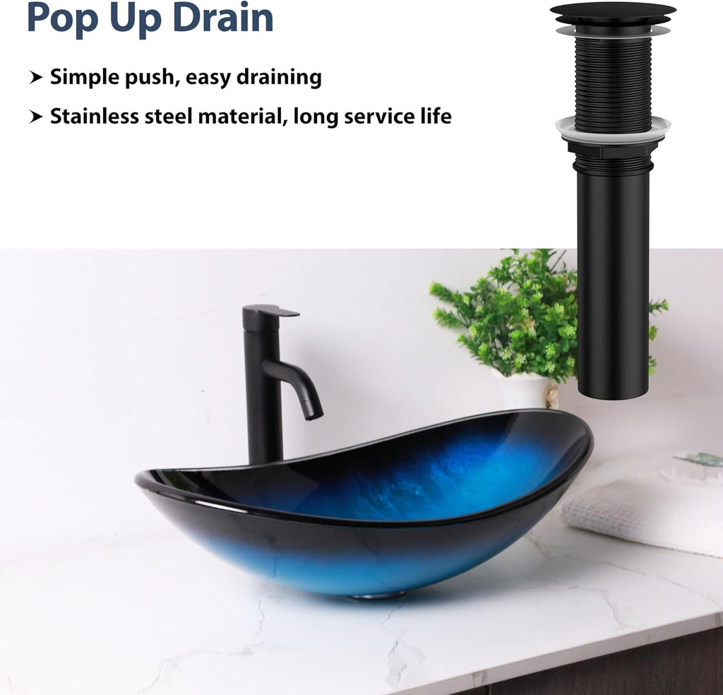 21" Glass Bathroom Vessel Sink with Pop up Drain Set,Countertop Oval Bowl Tempered Glass Art Basin,Shallow