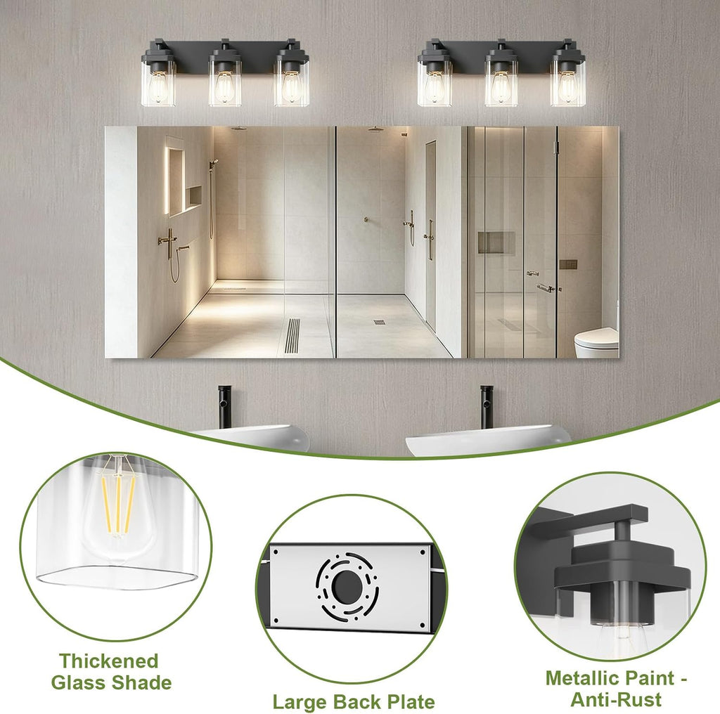 Black Bathroom Light Fixtures, 3 Lights Bathroom Lighting Fixtures Over Mirror, Square Design & Rectangle Large
