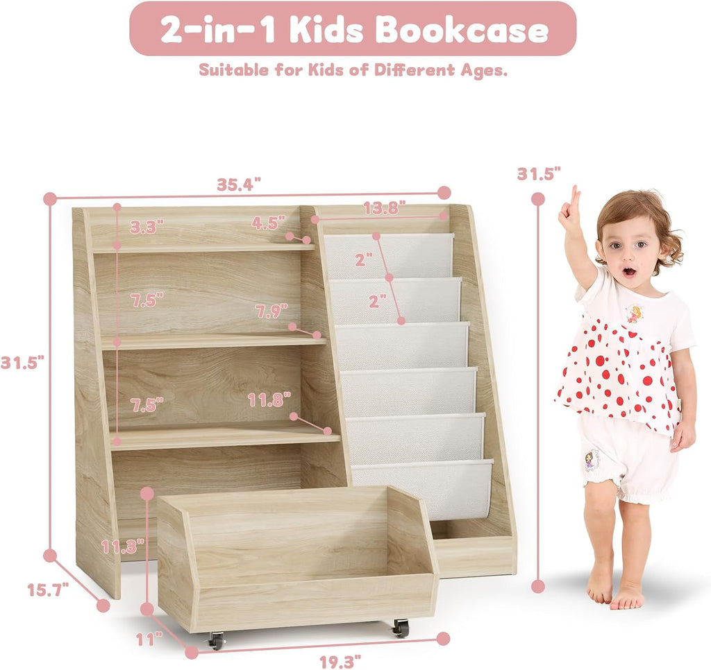 Kids Bookshelf and Toy Storage, 4 Tier Toddler Bookshelf with Movable Drawer (Oak)