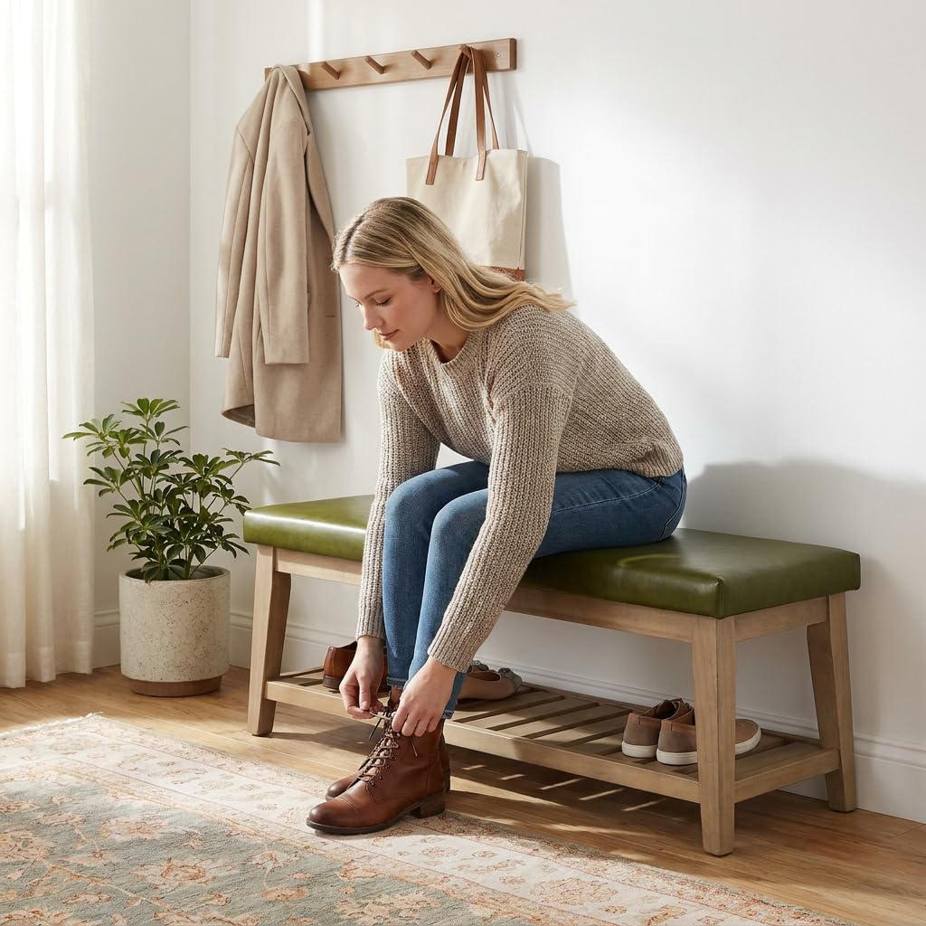 Entryway Shoe Bench with Cushion, End of Bed Bench,Upholstered Bench , Bench with Solid Wood Shelf, Leather Ottoman