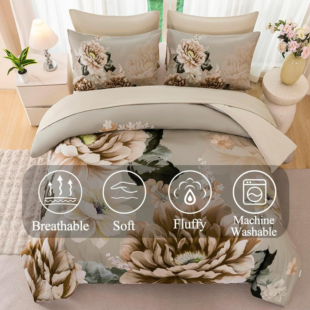 Comforter Set Full Khaki Floral Bedding Set 7 Pieces Flower Bed Set with Sheets Reversible Large Peony Printed On - Set of 7