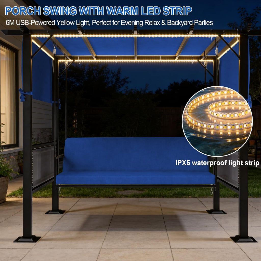 2 in 1 Porch Swing with Adjustable Canopy & LED Lights, 1,000 lb Heavy-Duty 3-Seat Swing Bed with Stand, 65-Inch