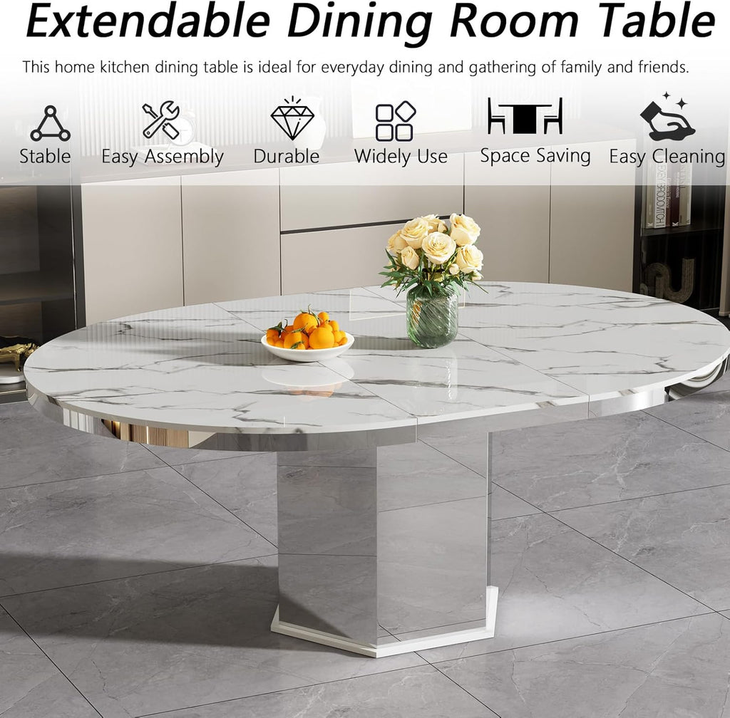 Modern 47"-63" Round White Faux Marble Extendable Dining Table for 4-6, Luxury Round Dining Room Table, Kitchen