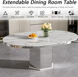 Modern 47"-63" Round White Faux Marble Extendable Dining Table for 4-6, Luxury Round Dining Room Table, Kitchen