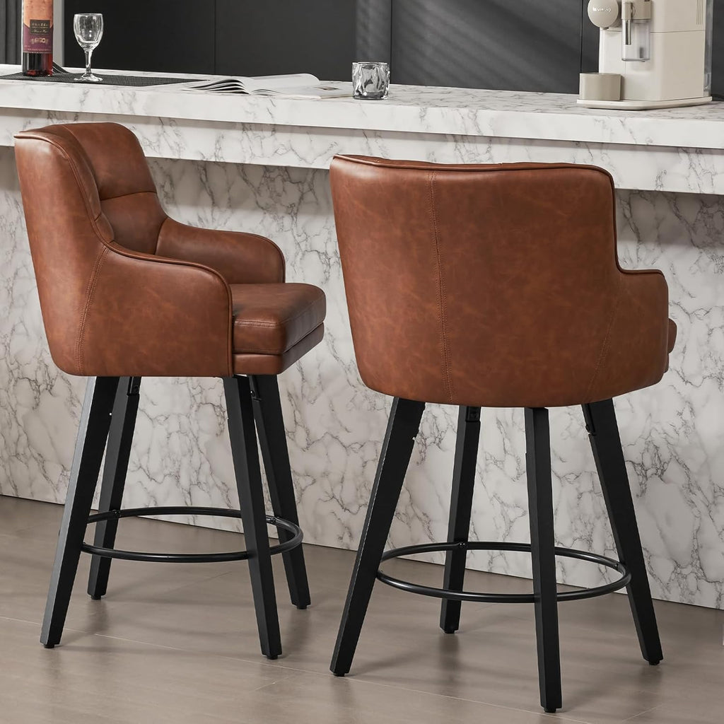 360°Swivel Counter Height Bar Stools with Back, 26 inch Solid Wood Legs, Bar Stool Modern Kitchen Island Chairs, Faux