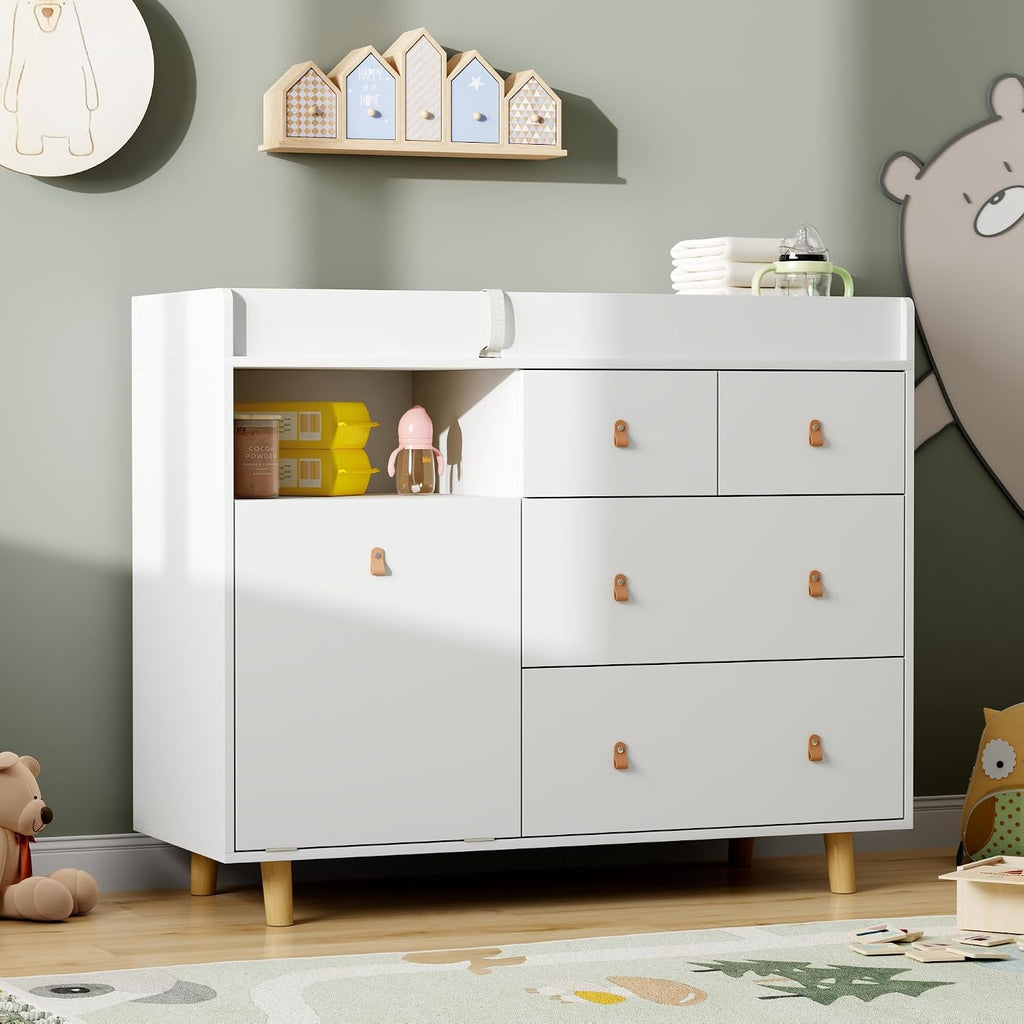 Baby Changing Table Dresser with 5 Drawers, Baby Nursery Dresser with Tilt Out Laundry Basket, Infant Changing