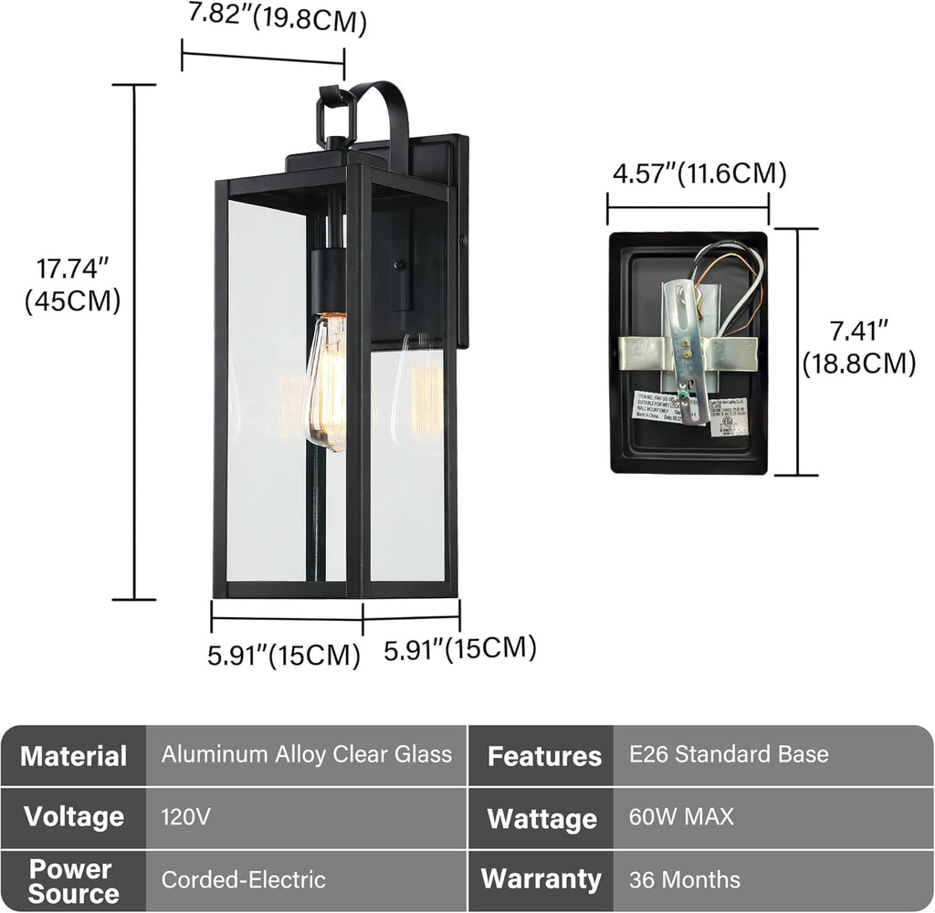 Large Size Outdoor Wall Lights, 2 Pack 18 Inch Matte Black Exterior Light Fixture with Clear Glass Shade