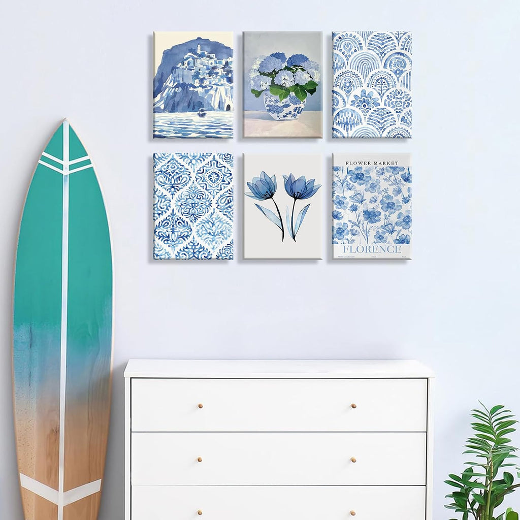 6Pcs Blue coastal Canvas Wall Art Flowers Aesthetic Wall Decor Hydrangeas Pictures painting Trendy Minimalist Prints