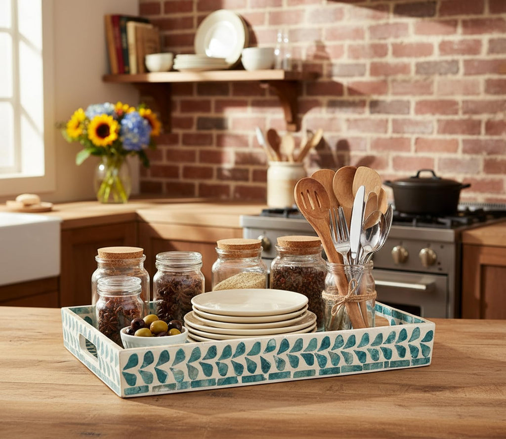 Rectangular Mother of Pearl Serving Tray Nacre Wood Lap Ottoman Tray for Coffee Table, Luxury Decorative Eating