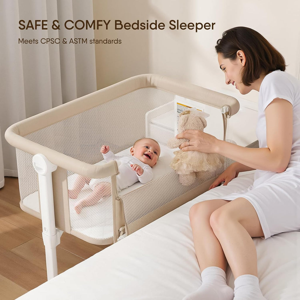 Bassinet Bedside Sleeper, All-Mesh, 5 Heights, Locking Wheels(Beige) | Washable mattress, oversized locking wheels