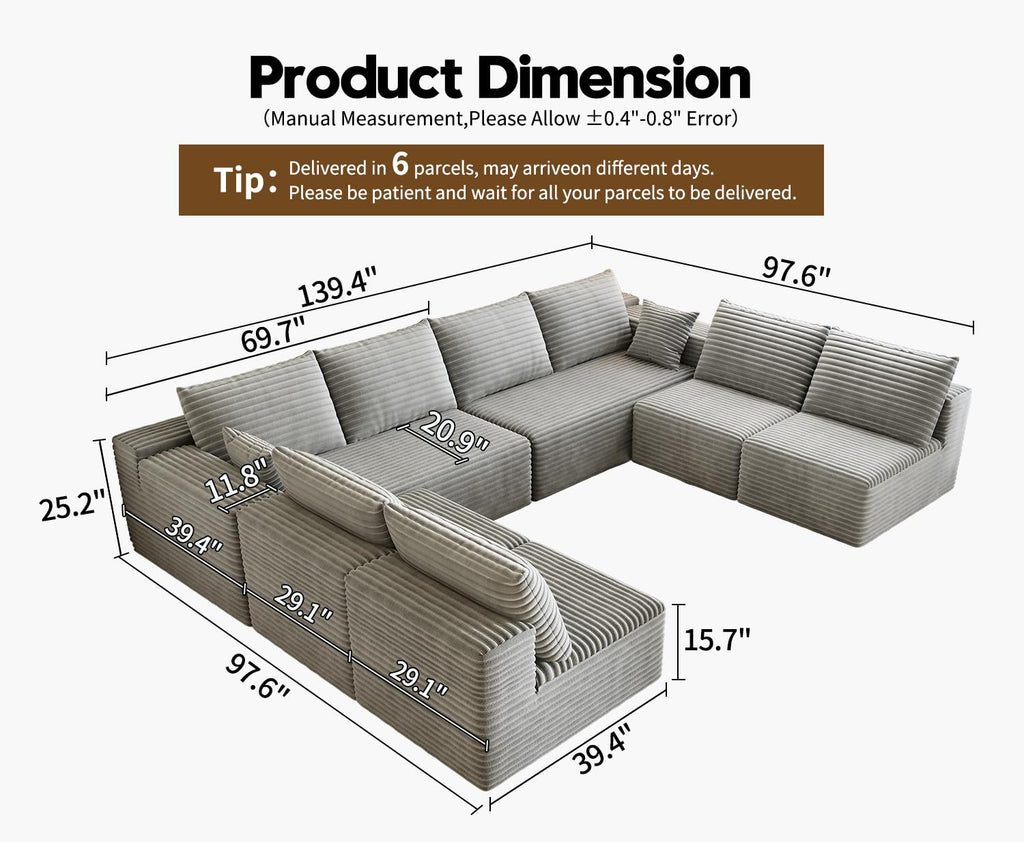 139.4" Modular Sectional Sofa Couch, Oversized U-Shaped Minimalist Couches with 4 Middle Seats Chaise, Modern Deep