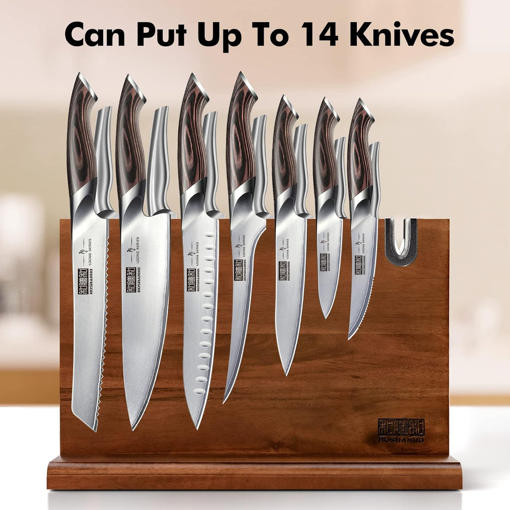 Magnetic Knife Block 14 x 10", Double Sided Magnetic Knife Holder | Magnetic Knife Storage Stand Counter, Acacia Wood