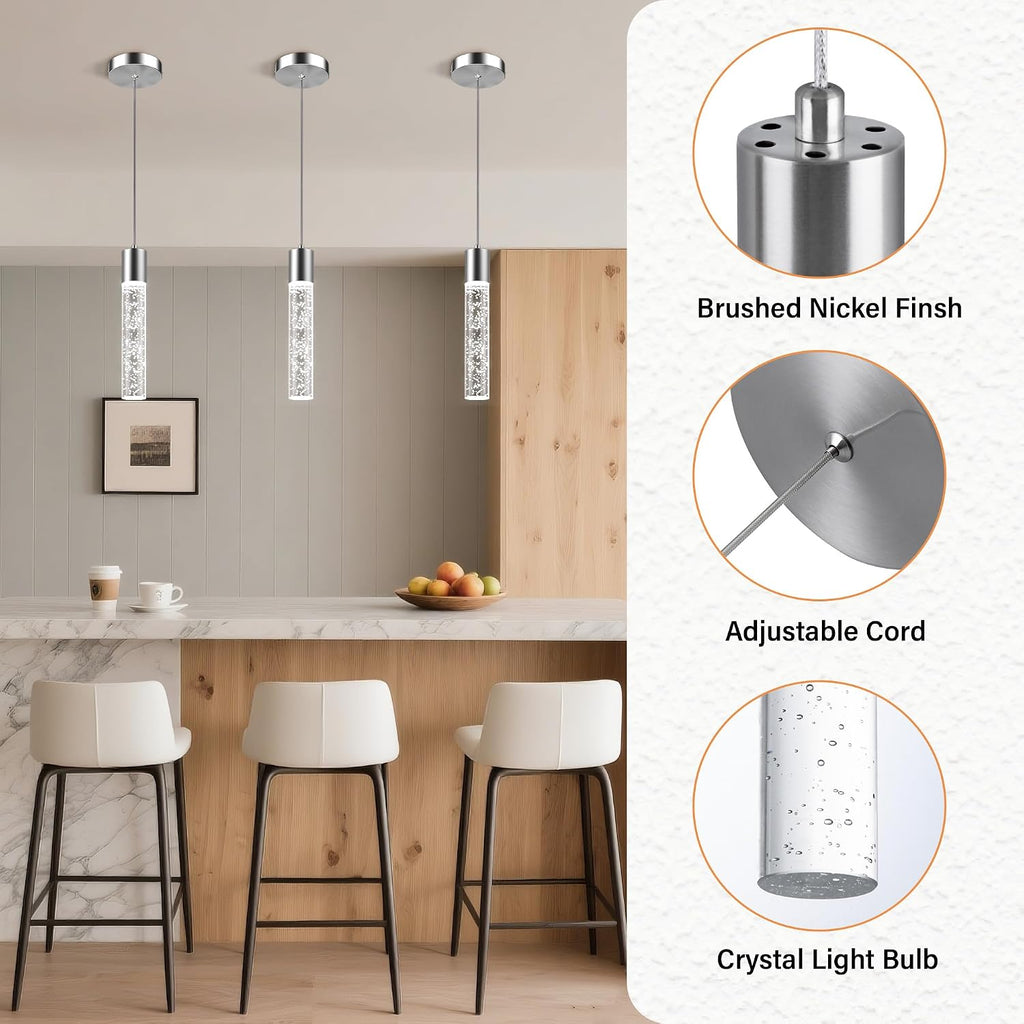 Pendant Lights Kitchen Island, 6500K Modern Kitchen Island Lights Brushed Nickel, 3 Pack Ceiling Lighting Fixtures