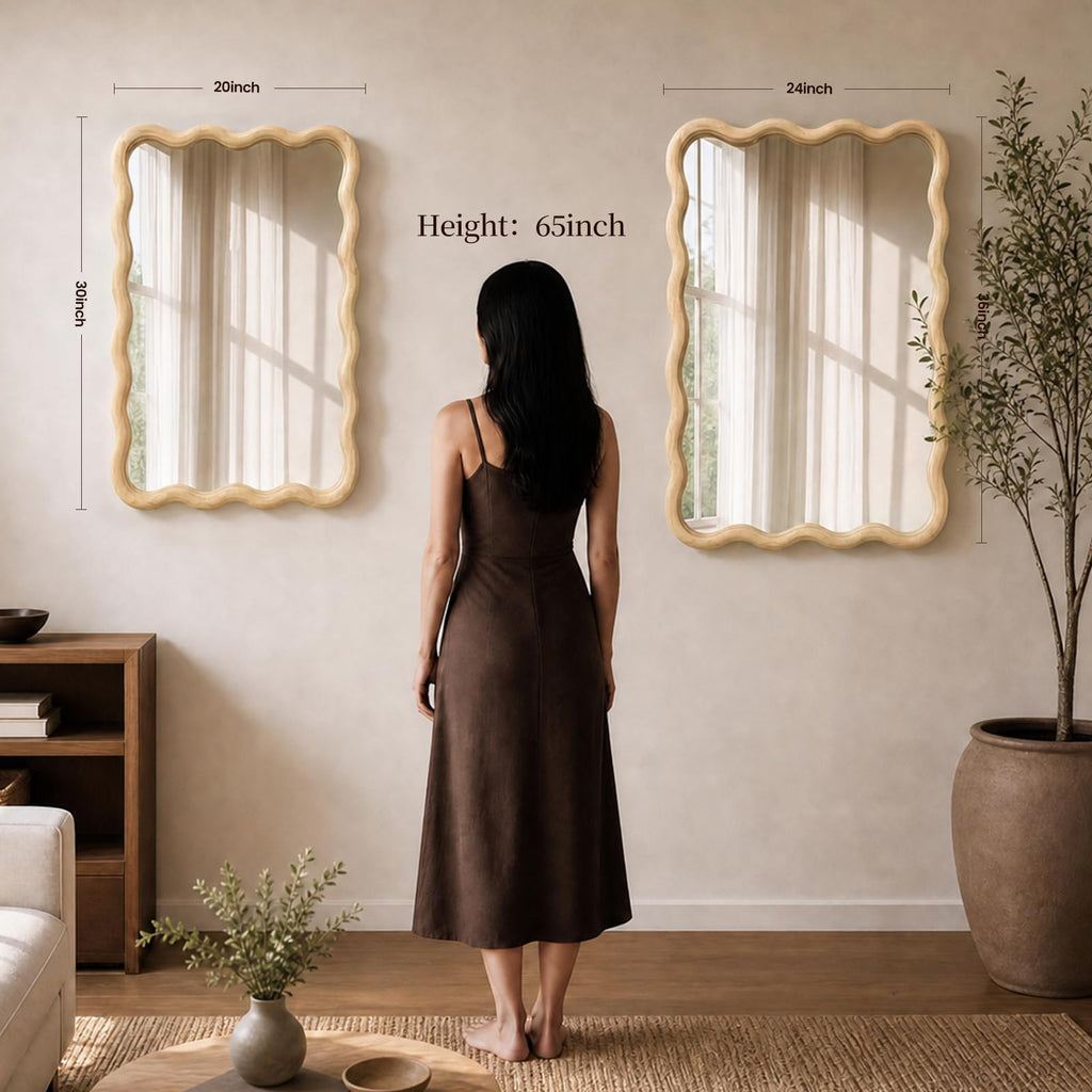Wavy Solid Wood Mirror Boho Wall Mirror Rectangular, 20"x30"