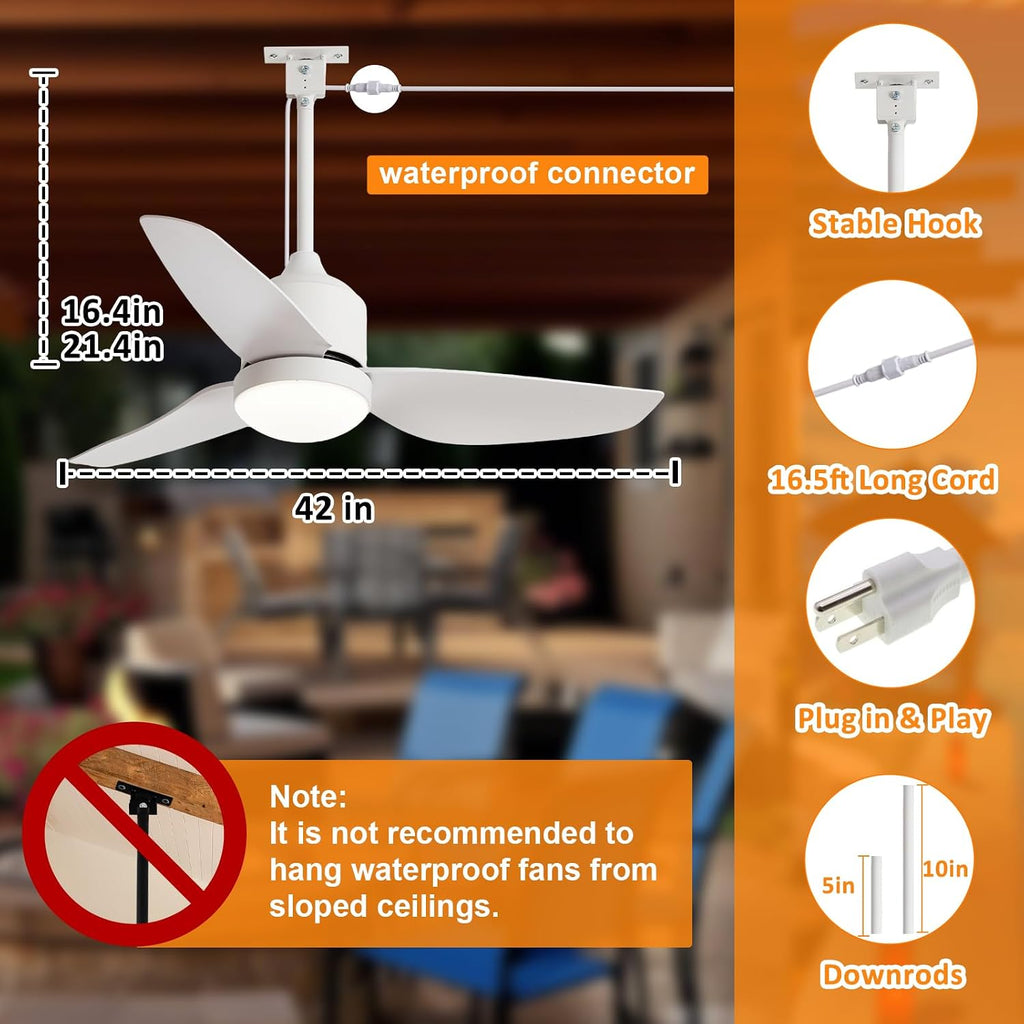 42 Inch White Waterproof Gazebo Fans with Lights Outdoor Hanging - Plug in Remote App Control for Patio Indoor Farmhouse Porch - 6 Speed Reversible DC Motor