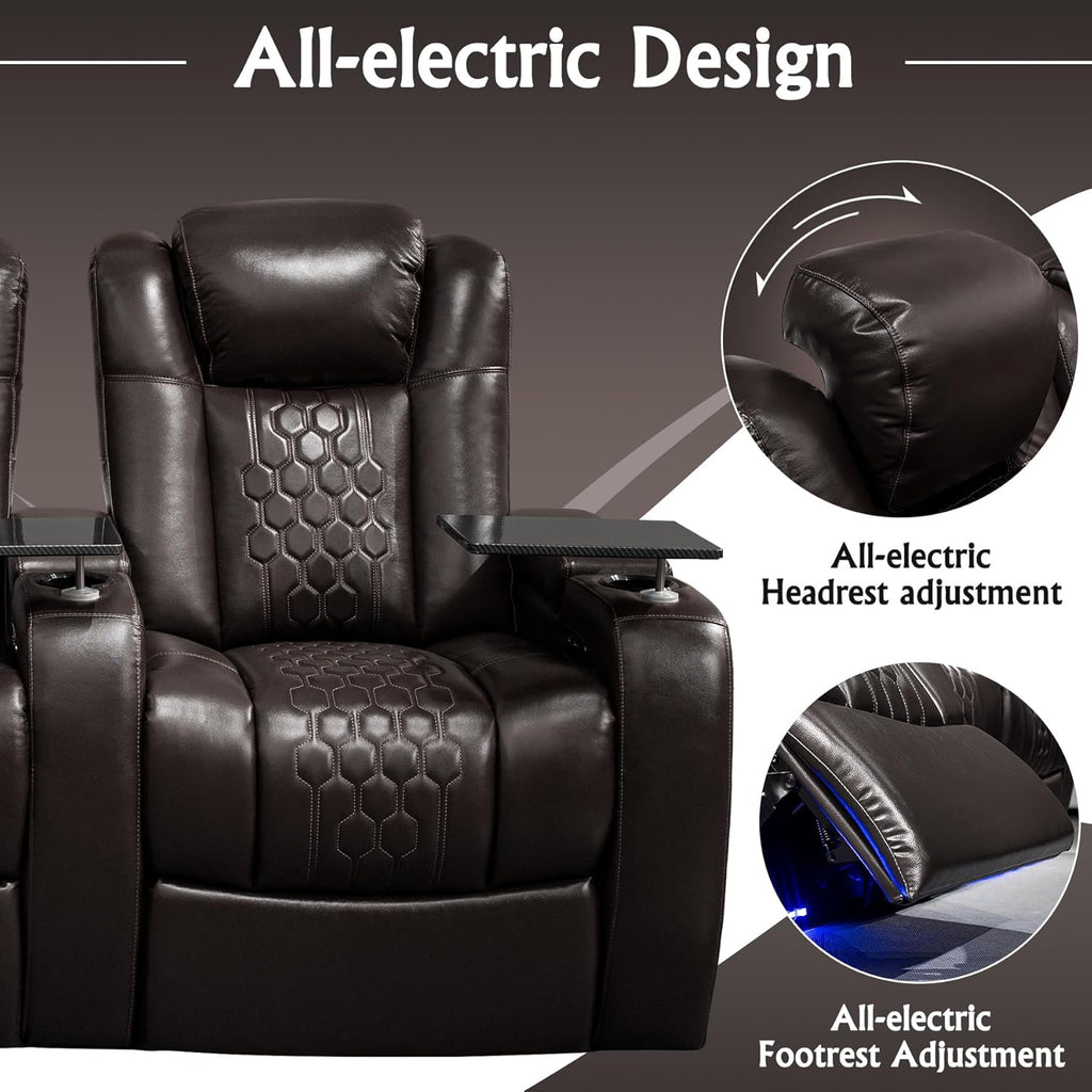 Home Theater Seating,Top-Grain Leather Recliner Sofa, Zero Gravity Power Reclining Couch with Ambient LED Lights