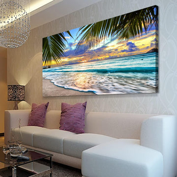 Beach Canvas Wall Art Seascape Theme Pictures Home Decor Blue Ocean White Wave Palm Tree Prints Paintings Bathroom