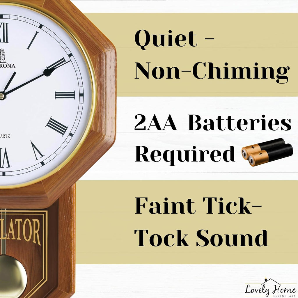 Pendulum Wall Clock Battery Operated - Real Wood Regulator Clock - Schoolhouse Design with Pendulum - Quiet, Non-Chiming - Wooden Wall...