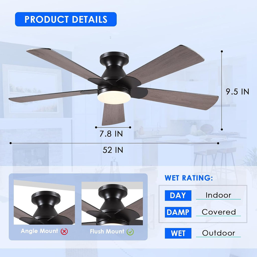 Flush Mount Ceiling Fan with Lights - 52” Indoor/Outdoor Ceiling Fan Light with Remote/APP, Low Profile Modern Fan Light with 6 Speeds, Dimming, for Living Room, Brown