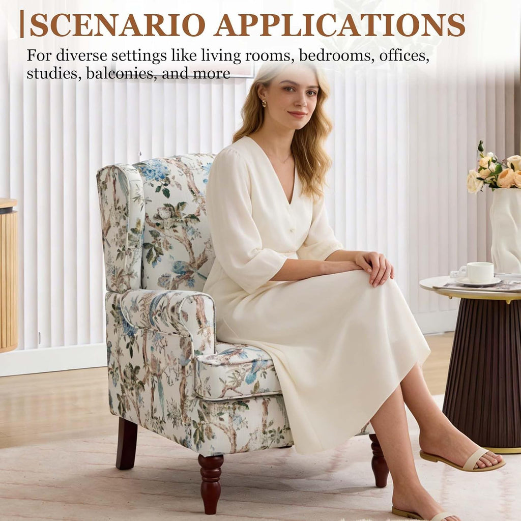Wingback Chair with Arms (Floral Bird, A) | Floral Accent Chair|Occasional Side Chair with Tall Back|Ticken Seat