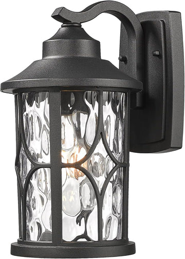 Modern Outdoor Wall Lights, 12 Inch Exterior Wall Lantern, Cast Aluminum with Water Ripple Glass, Black Finish
