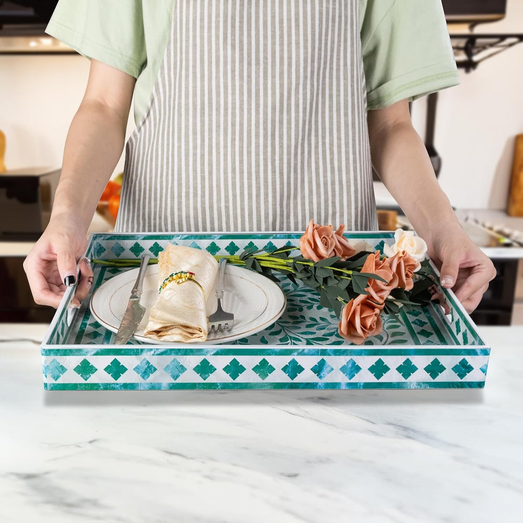 Rectangular Decorative Tray, Plastic Serving Tray with Handles, Modern Green Trays for Ottoman, Coffee Table Trays