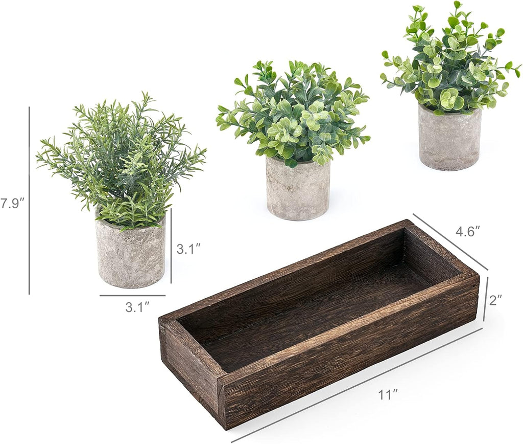3 Pack Mini Potted Artificial Eucalyptus Fake Plants with Wood Tray Centerpiece Table Decorations, Farmhouse Pulp