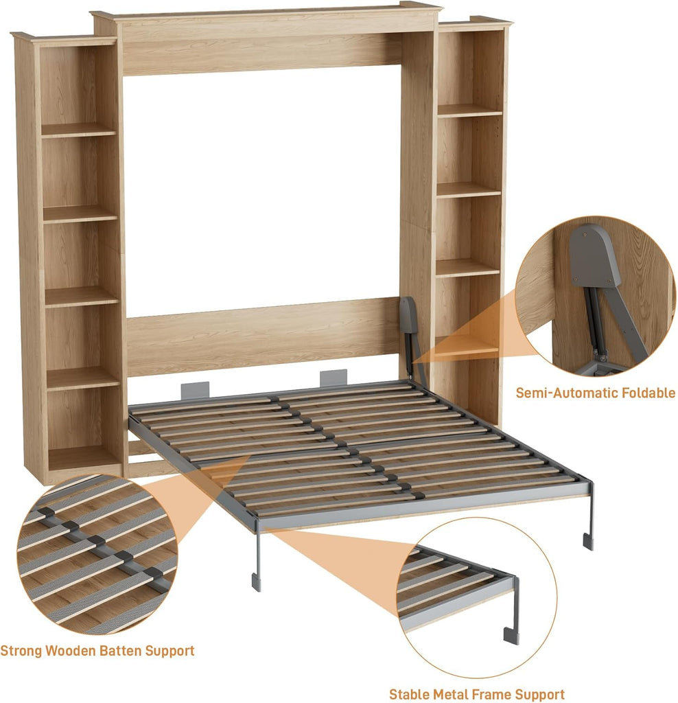 Queen Murphy Bed with 2 Storage Cabinet, Farmhouse Wood Hidden Foldable Wall Bed Frame, Space Saving Beds with