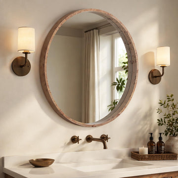 32 Inch Wood Round Mirror, Farmhouse Circle Vanity Mirror, Burlwood Grain Wooden Frame Wall Mirror, Rustic Wall Decor