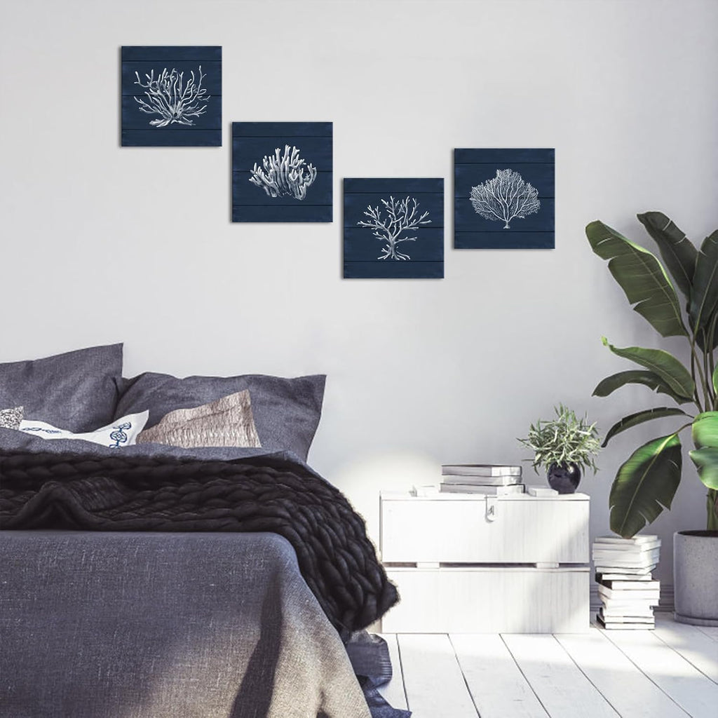 Coral Canvas Wall Art Prints Ocean Navy Blue Coastal Artwork Beach Home Decor Picture Framed Ready to Hang 12"x12"x4
