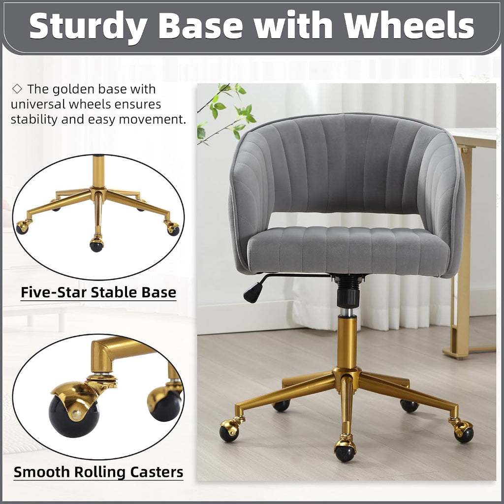 Desk Chair with Wheels, Velvet Home, Swivel Armchair Gold Base, Upholstered Modern Accent Chairs, Back Incline