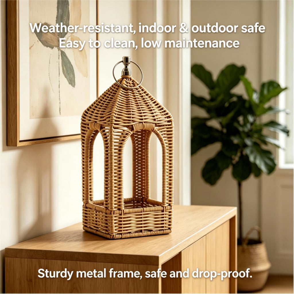 Handmade Artificial Rattan Candle Lantern, Boho Woven Decor Lantern