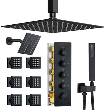 Thermostatic Dual Shower Head System with 6 Body Jets, 6-Inch Shower Head & 16" Rainfall Shower, Luxury Matte Black