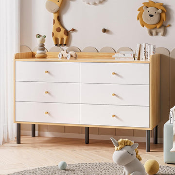 Dresser , 6 Drawer Natural Wood Dresser with Wide Drawer and Metal Handles, Modern Dressers & Chests of Drawers