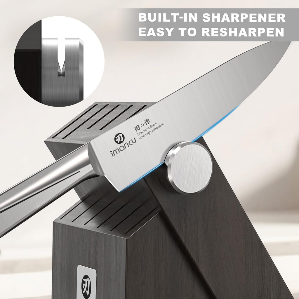 Japanese High Carbon Stainless Steel Knife Set with Block, Precision-Forged Gyutou Kitchen Knives with Built-in