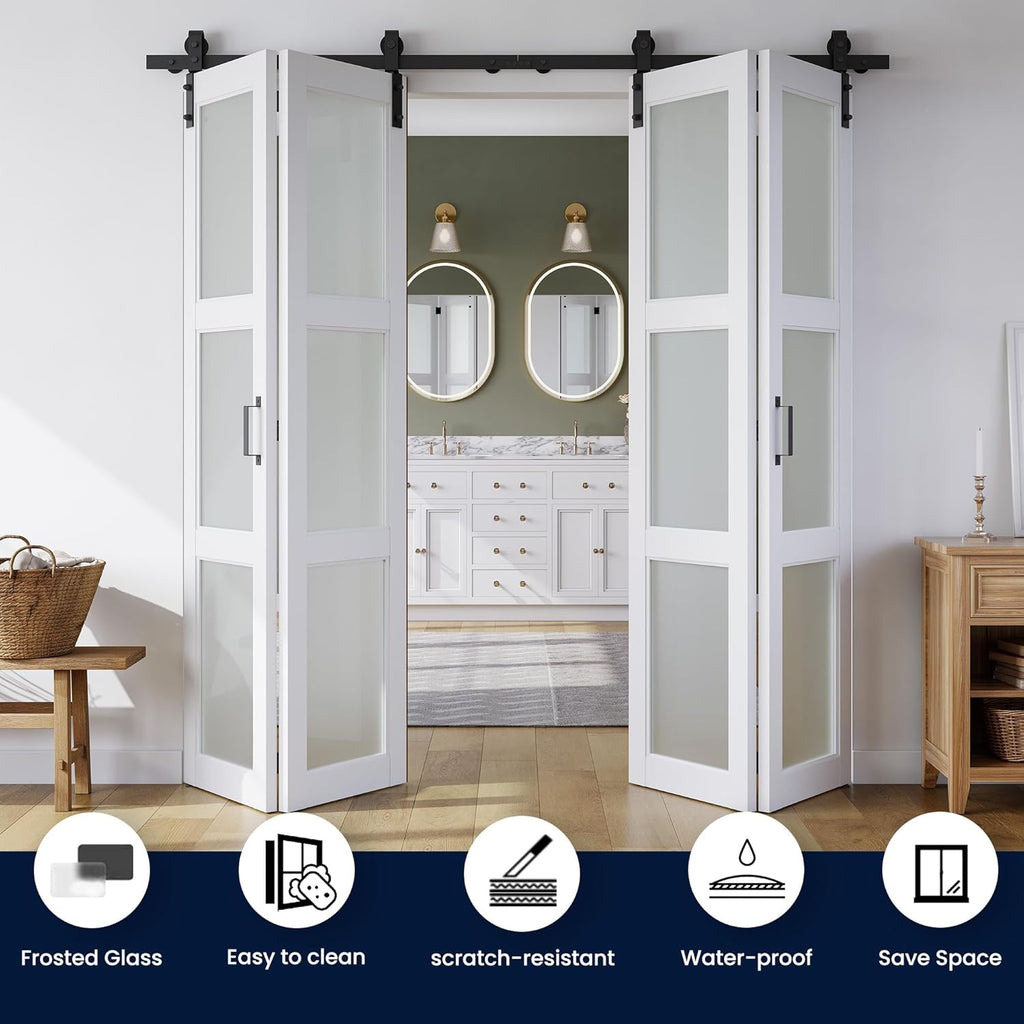72in x 84in Bifold Barn Door, Frosted Glass Barn Door with Hardware Kit Included, Pre-Drilled Holes 