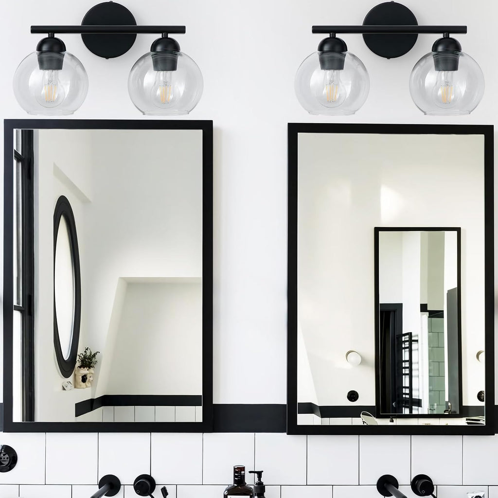 Black Bathroom Light Fixtures, 2 Light Bathroom Vanity Light with Globe Glass Shades, Modern Farmhouse Vanity Lights