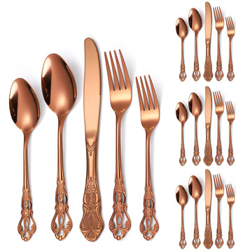 Royal Flatware Set for 4 Copper/Rose Gold Silverware Stainless Steel Cutlery 20 Piece With Vintage Relief Deisgn