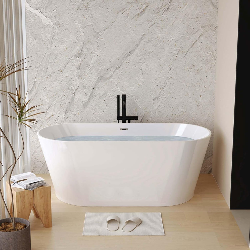 Acrylic Freestanding Soaking Bathtub with Toe-Tap Chrome Drain, Oval Stand Alone Tub, Ergonomic Soaking Tub (67")