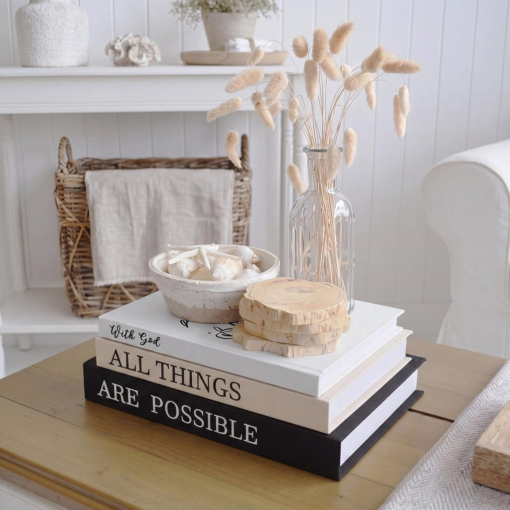 Set of 3 with God All Things are Possible Decorative Books Decor Linen Faux Books Stacked Neutral Modern Aesthetic