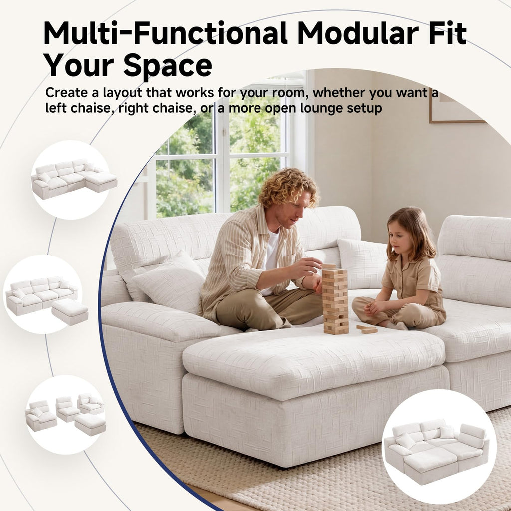 110" Sectional Boneless Sofa with Ottoman, L-Shaped Couch Bed, No-Assembly Modular Sofa, Soft Chenille Fabric Deep
