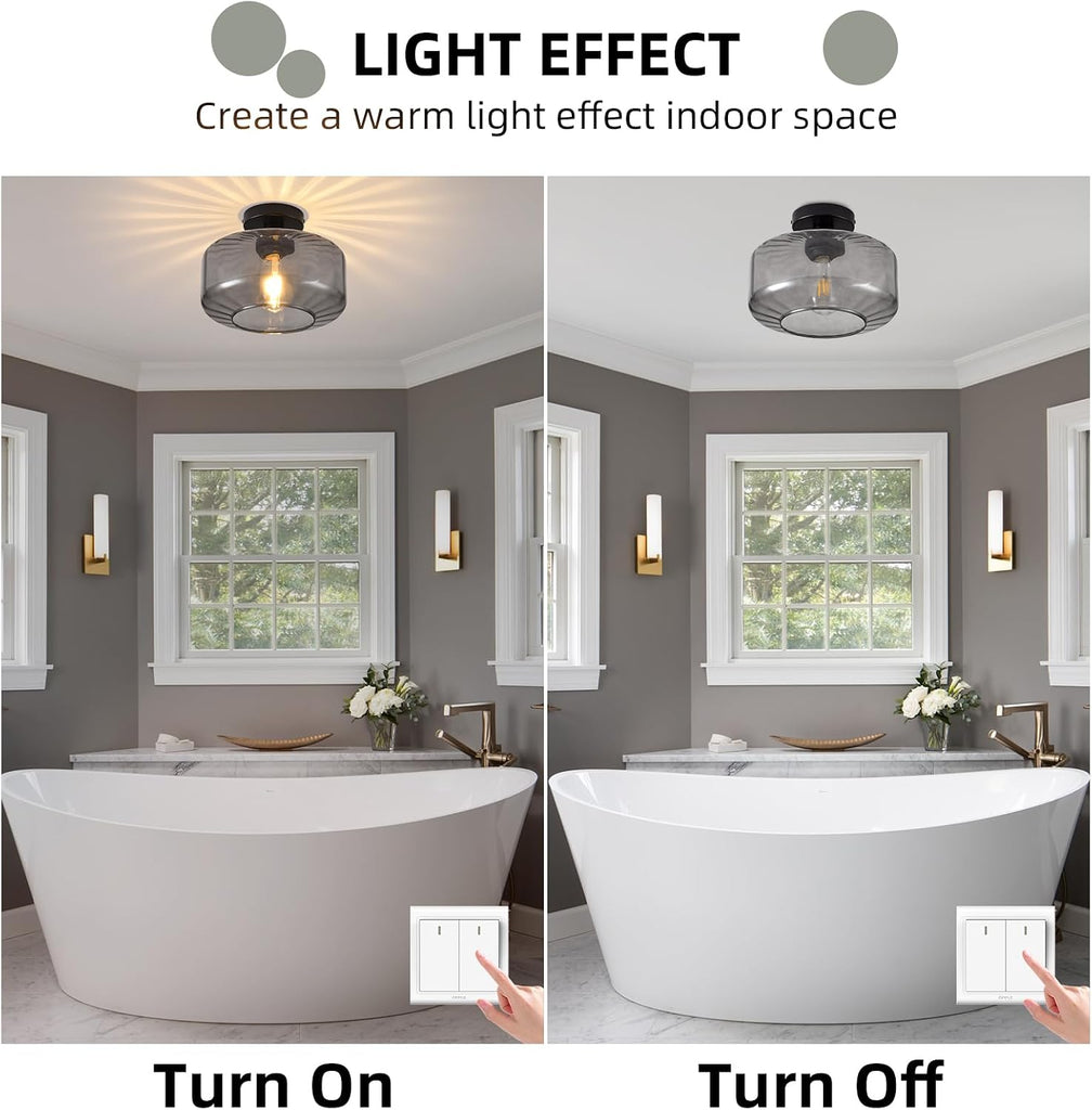 Glass Semi Flush Mount Ceiling Light, Modern Close to Ceiling Light Fixtures with Smoke Grey Glass Shade, Light