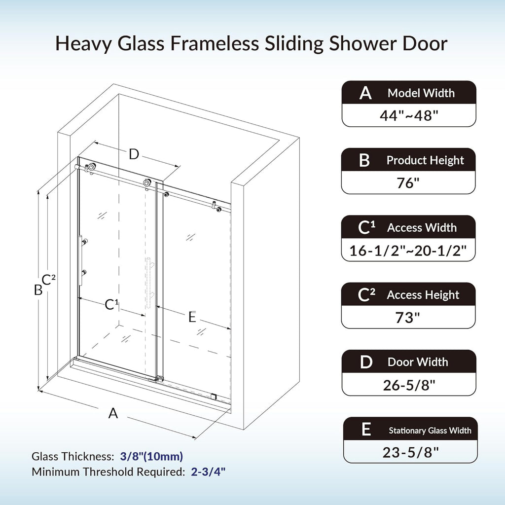 Frameless Sliding Shower Door, 44"-48" Width, 76" Height, 3/8" (10 mm) Clear Tempered Glass, Brushed Gold Finish