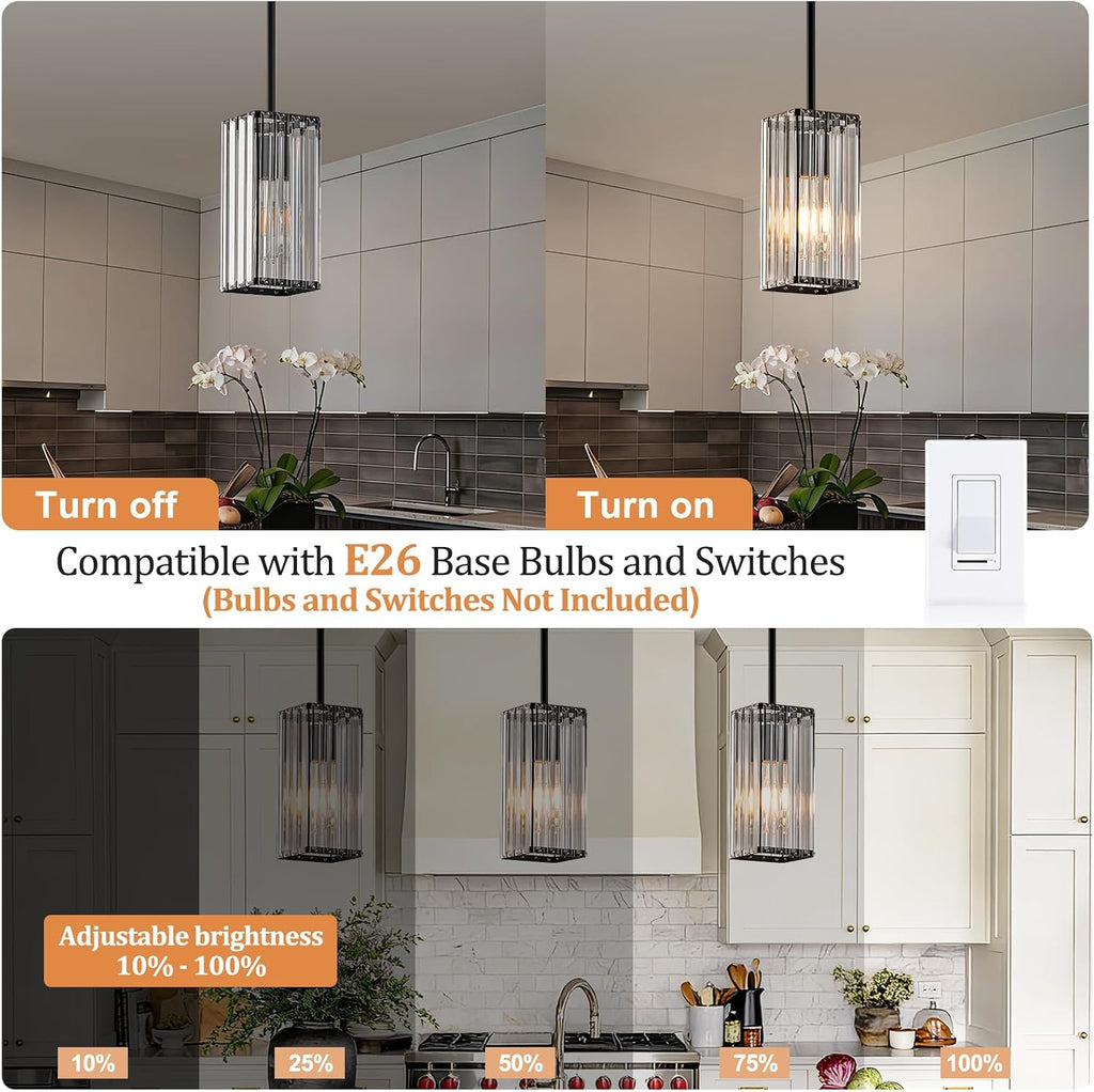 Modern Crystal Pendant Lights Kitchen Island, 3-Pack Black Hanging Light with Clear Crystal Shade, Adjustable Height