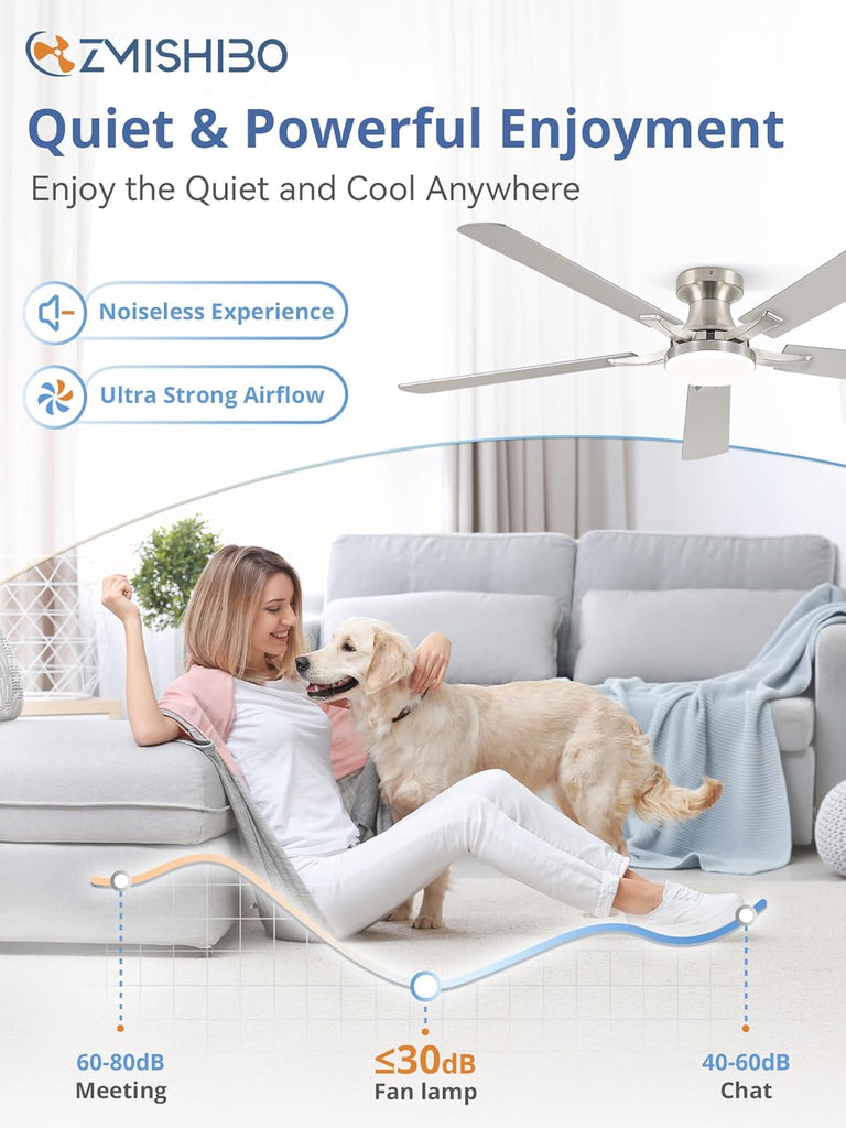 60 Inch Ceiling Fan with Light, App&Remote Control, Flush Mount Low Profile, Dimmable 20W LED Light, Quiet Reversible Motor for Bedroom, Living Room, Apartment, Nickel