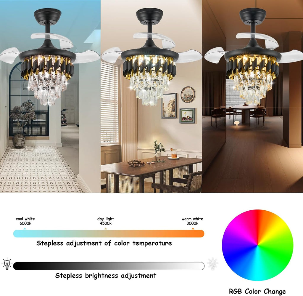 30" Retractable Crystal Ceiling Fan with Light, RGB Modern Chandelier Fan 6 Speeds Reversible Blades Black