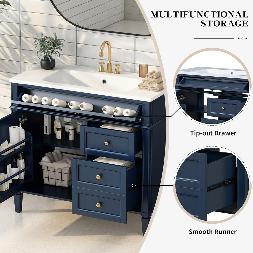 36'' Bathroom Vanity Without Resin Sink, Solid Wood Frame Modern Storage Cabinet with Tip-Out Drawer & Soft Closing Doors, Blue