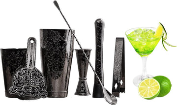 Bartender Kit Cocktail Shaker Set- Stainless Steel Black Plated Etching Bar Tools with Boston Shaker - Set of 7