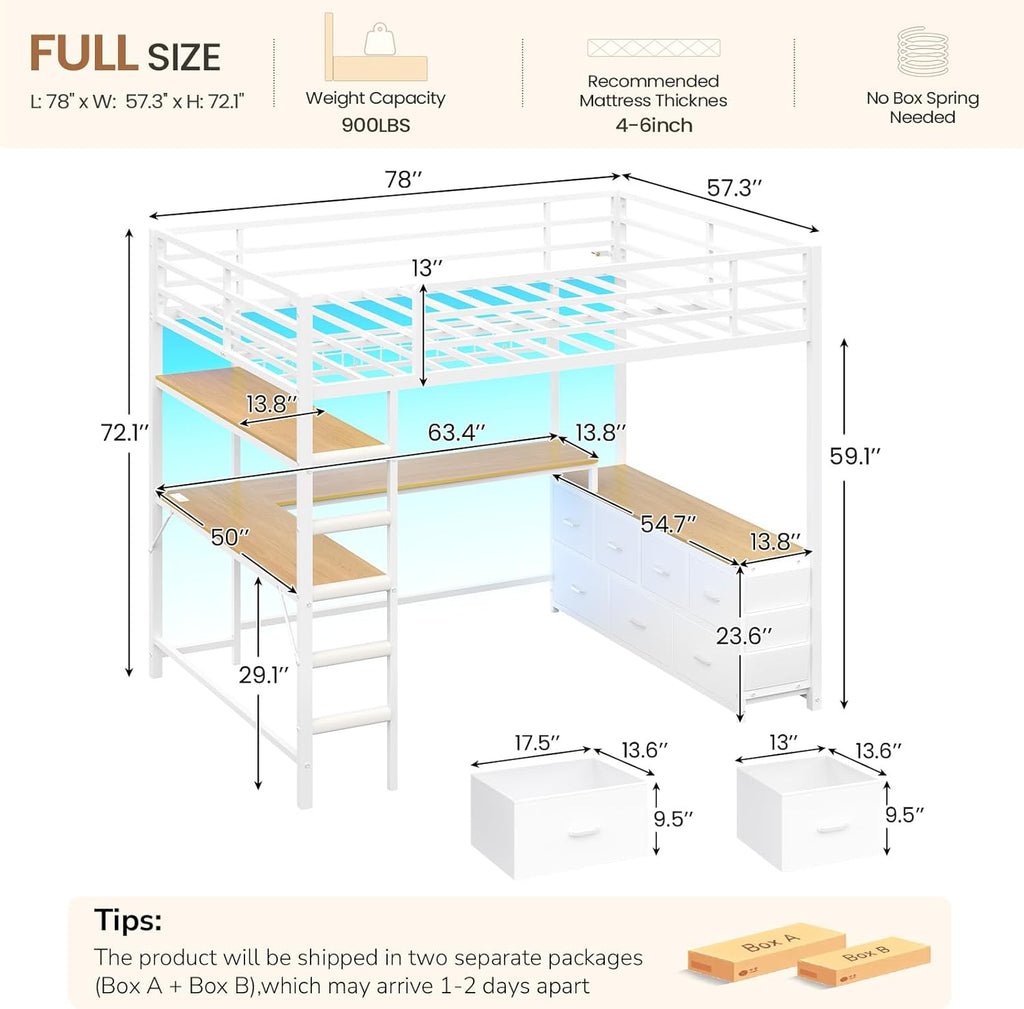 Loft Bed Full with U-Shaped Desk,7 Storage Drawers and Charging Station,Metal Full Loft Bed with Led Lights and 2-tier